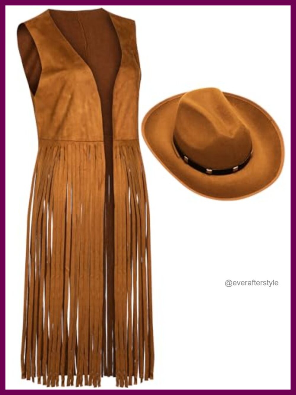 Faux Suede Fringe Vest & Cowgirl Hat Set 70s Western Hippie Costume
